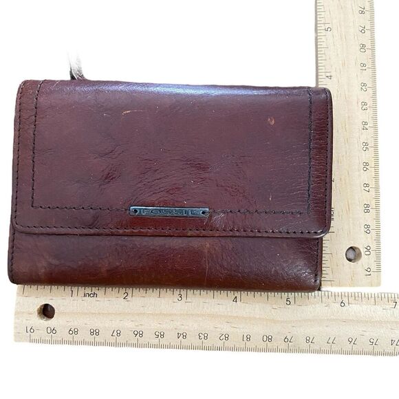 Fossil Tri-fold Snap Wallet Clutch Brown Leather Zip Coin Pocket - Picture 10 of 10